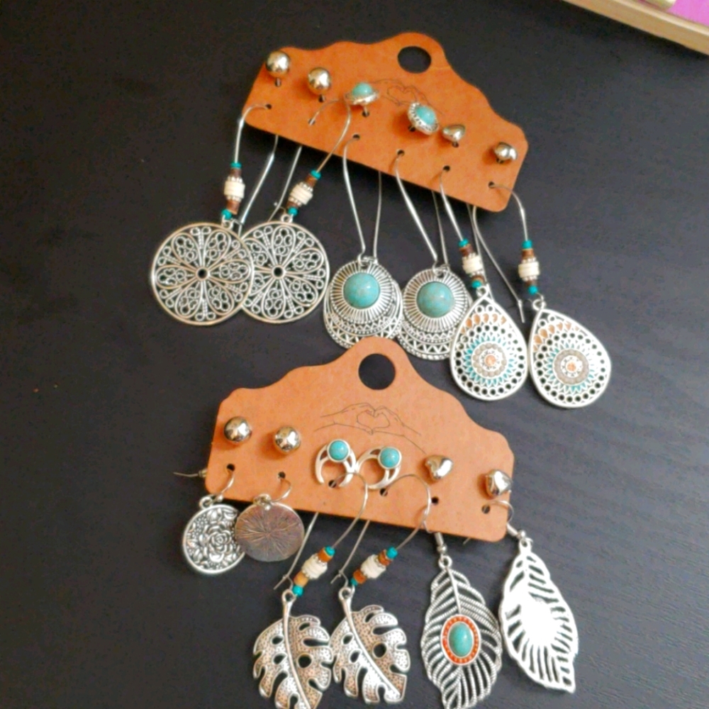 12 pairs of earrings, 6 studs, 6 drop